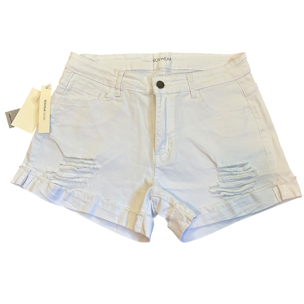 Roswear Womens White Distressed Denim‎ Shorts High Waisted Frayed Hem Size L NEW